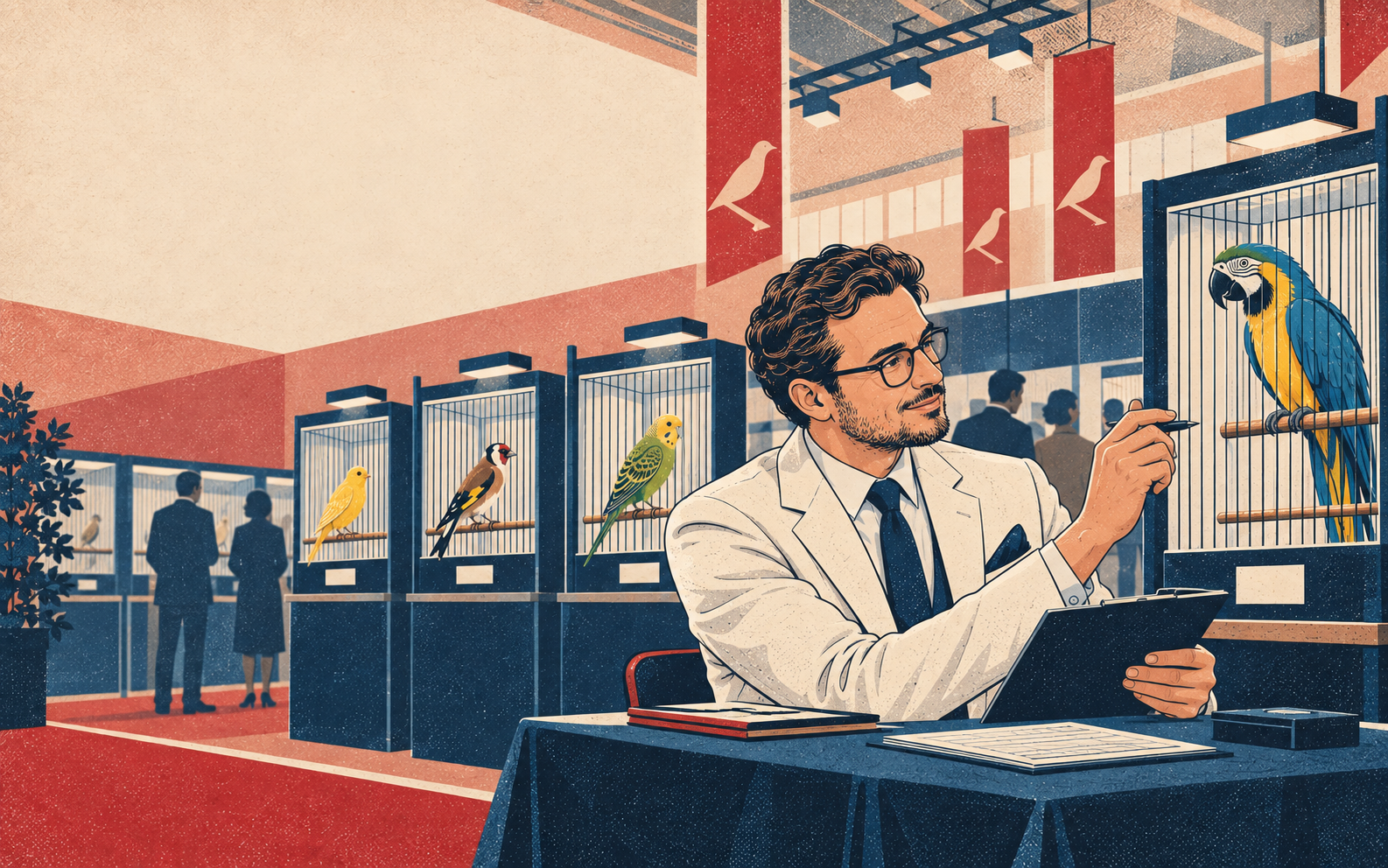 Ilustracja wystawy ptaków z hodowcą, arą, papugą falistą, kanarkiem i szczygłem